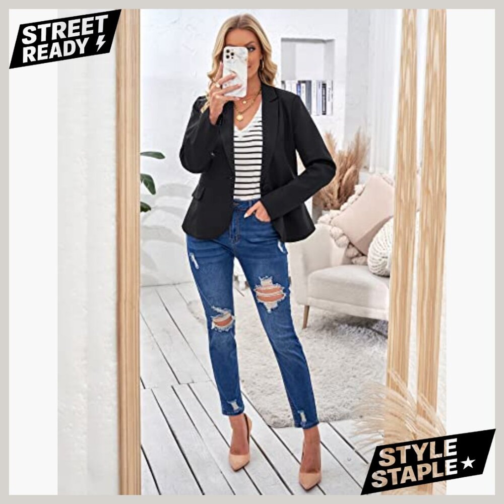 Notched Lapel Blazer Jacket Polyester Work Office… - image 3